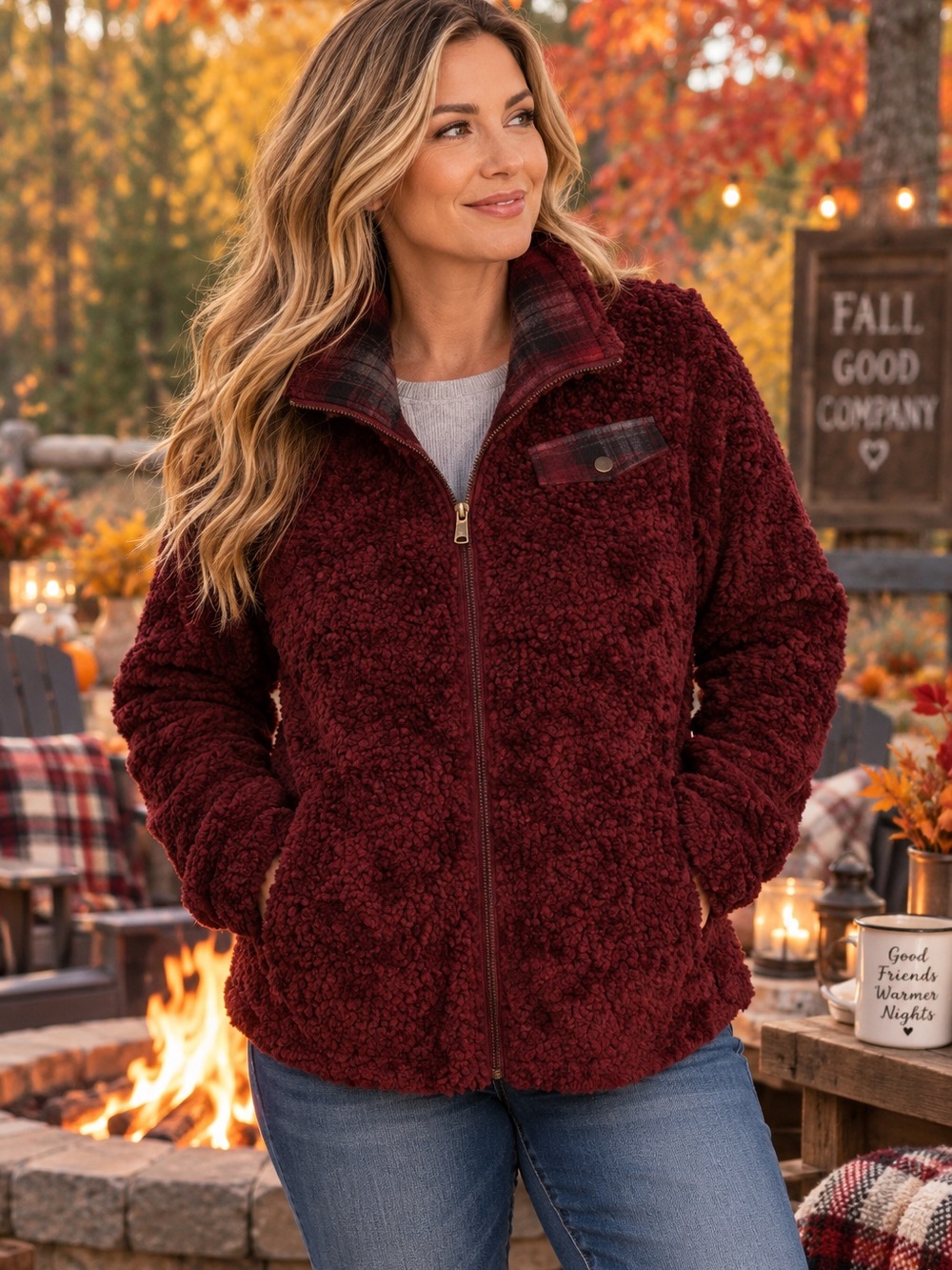 Pendleton Maroon Sherpa Fleece Full Zip Plaid Jacket Women’s Medium Cozy Fall